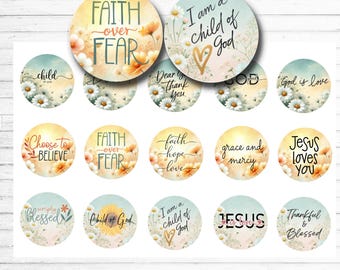 Christian Faith Quotes Bottle Cap Sheet - Floral Spiritual Religious Sayings 1 Inch Printable Circles