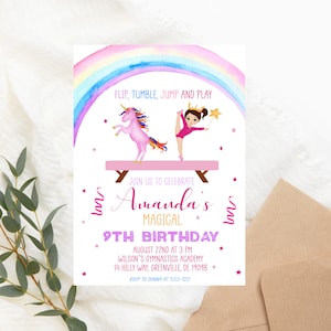 Invito di compleanno a tema unicorno ginnastica STAMPABILE - Invito per festa di ginnastica - Festa di compleanno magica