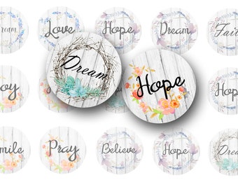 Inspirational Bottle Cap Sheet- Hope Dream Pray Bottle Cap Images on Whitewashed Wood Background