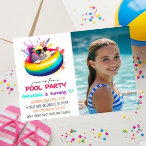 Funny Cat Pool Party Invitation With Photo: Rainbow Summer Birthday (JPEG Digital File)