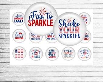4th of July Quotes Bottle Cap Sheet – Printable Patriotic Circles – USA Craft Bottle Cap Images – Independence Day DIY