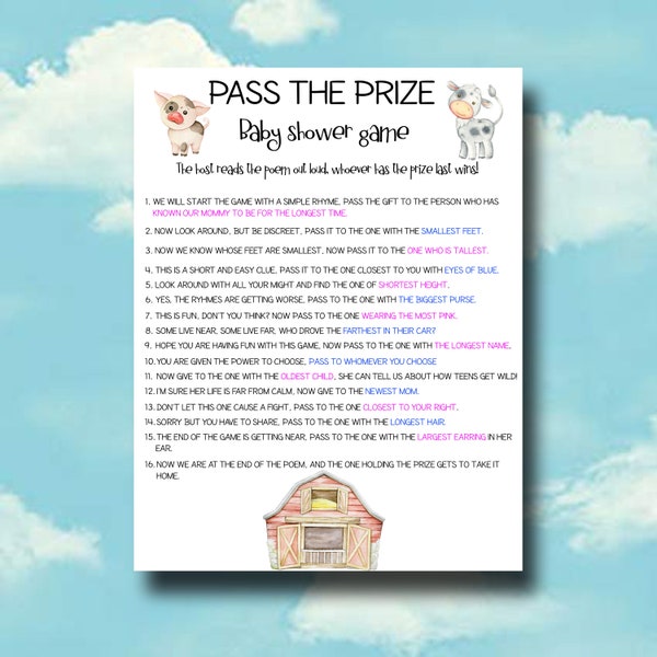 Pass The Prize PRINTABLE Baby Shower Game - Pass The Prize Rhyme Game - Gender Neutral Baby Shower Game