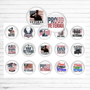 4 x 6 inch sheet of white 1 inch bottle cap images, each one contains a unique image and saying honoring our United States veterans