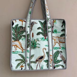 Jungle Print Quilted Cotton Tote Bag: Handmade Travel Shoulder Bag