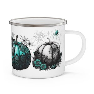Spooky Rustic Enamel Camping Mug, Halloween Mug, Pumpkin Campfire Cup, Autumn Outdoor Drinkware, Gothic Camping Mug