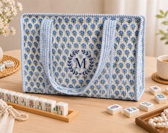 Personalized Quilted Mahjong Bag, Cotton Quilted Embroidered Mahjong Tote, Mahjong Set Storage Case, Handmade Tote, Gift for Mahjong Lovers