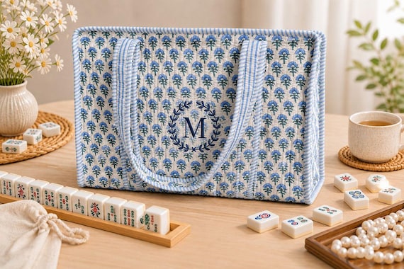 Personalized Quilted Mahjong Bag, Cotton Quilted Embroidered Mahjong Tote, Mahjong Set Storage Case, Handmade Tote, Gift for Mahjong Lovers