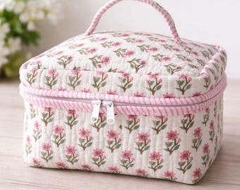 Trousse à maquillage florale personnalisée, trousse à cosmétiques matelassée avec poignée, organiseur de voyage, trousse de toilette rose, cadeau de demoiselle d'honneur