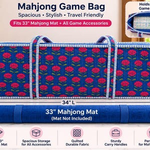 May include: A rectangular blue quilted Mahjong game bag with a pink floral pattern, white and blue striped handles, and dimensions of 34 inches long, 11 inches high, and 6 inches wide, shown with a rolled 33-inch blue Mahjong mat below it.