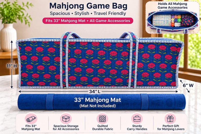May include: A rectangular blue quilted Mahjong game bag with a pink floral pattern, white and blue striped handles, and dimensions of 34 inches long, 11 inches high, and 6 inches wide, shown with a rolled 33-inch blue Mahjong mat below it.