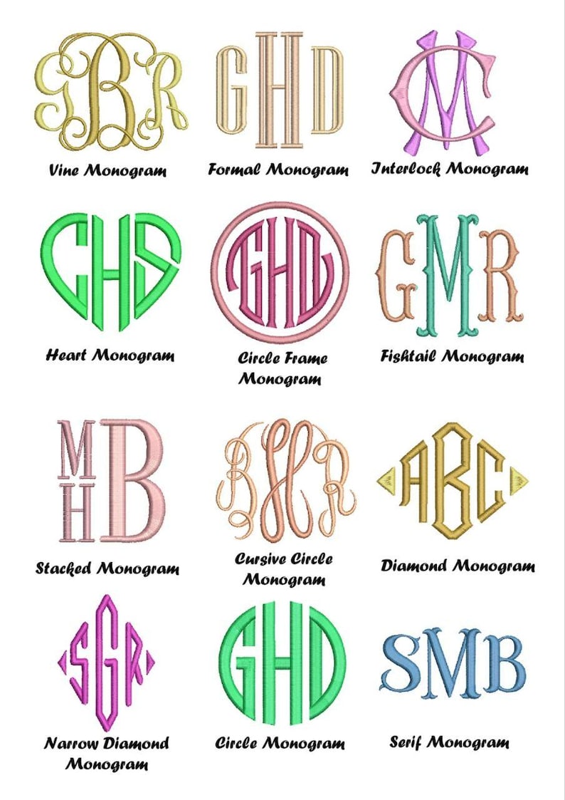 May include: A collection of twelve embroidered monogram designs featuring various styles and colors. The monograms include Vine, Formal, Interlock, Heart, Circle Frame, Fishtail, Stacked, Cursive Circle, Diamond, Narrow Diamond, Circle, and Serif styles.