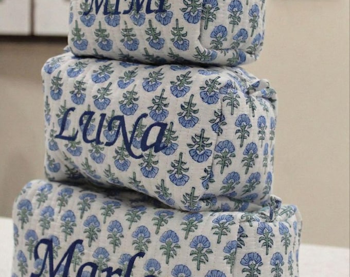 Set of 3 Quilted Cotton Makeup Bags | Block Print Travel Organizer