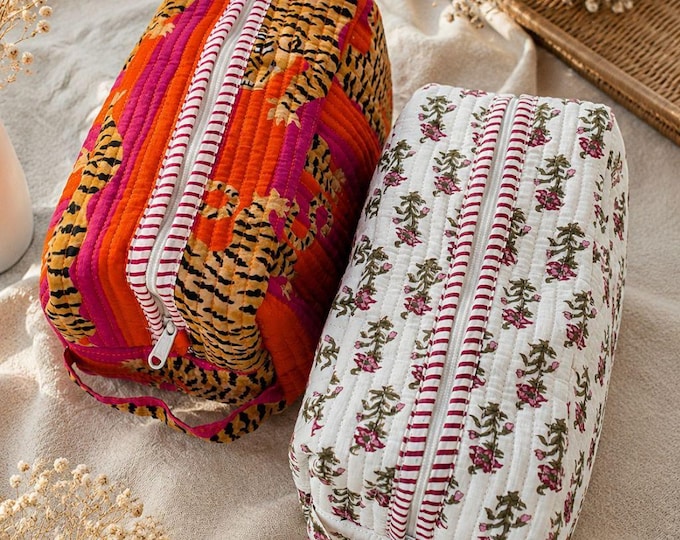 Personalized Makeup Bag, Bridesmaid Gift Bag, Embroidered Cosmetic Bag, Quilted Toiletry Bag, Block Print Travel Pouch for Women