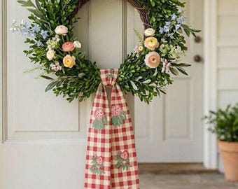 Personalized Pink Gingham Wreath Sash, Floral Front Door Decor, Monogram Spring Wreath Bow, Farmhouse Door Hanger, Custom Initial Sash