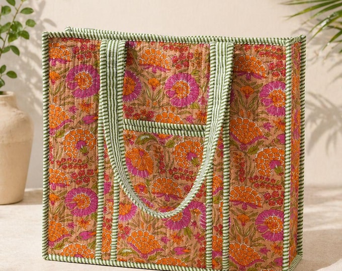 Handblock Quilted Tote Bag, Floral Cotton Bag, Jaipur Print Shoulder Tote, Spacious Everyday Bag, Handmade Eco Friendly Gift