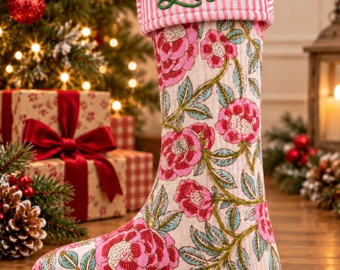 Personalized Quilted Christmas Stocking, Handmade Cotton Stocking, Custom Name Embroidered Holiday Decor, Christmas Gift for Her