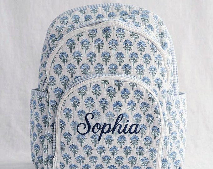 Handmade Quilted Floral Backpack, Blue Block Print Cotton Bag, Aesthetic Travel Backpack, Lightweight Everyday Bag, Cottagecore School Bag