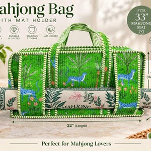May include: A green quilted mahjong bag with a jungle-themed print featuring blue leopards and palm trees. The bag includes a mat holder, measures 22 inches in length, 11 inches in height, and 6 inches in width, and fits a 33-inch mahjong mat.