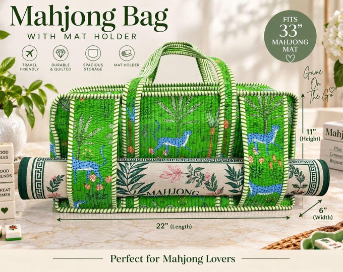 Mahjong Bag with Mat Holder, Quilted Cotton Mahjong Tote, Bright Green Leopard Print Travel Bag, Gift for Mahjong Players