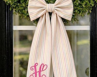 Personalized Wreath Sash, Monogram Door Bow, Spring Wreath Bow, Custom Initial Door Decor, Front Door Wreath Accent, Easter Door Decoration