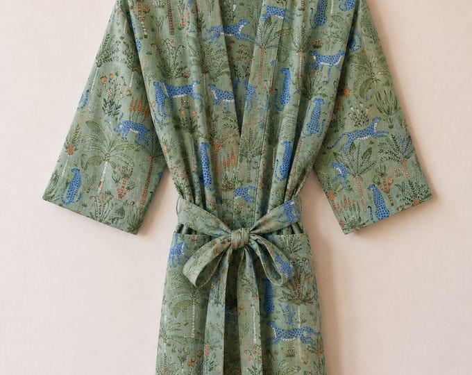 Handmade Cotton Kimono Robe, Sage Green Jungle Print Bathrobe, Luxury Boho Spa Robe, Womens Loungewear Gift