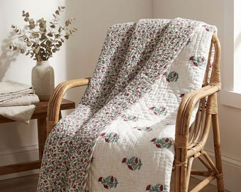 Handmade Kantha Quilt Reversible Floral Cotton Blanket, Block Print Bedspread, Cottagecore Bedding, Indian Quilt, Lightweight Throw