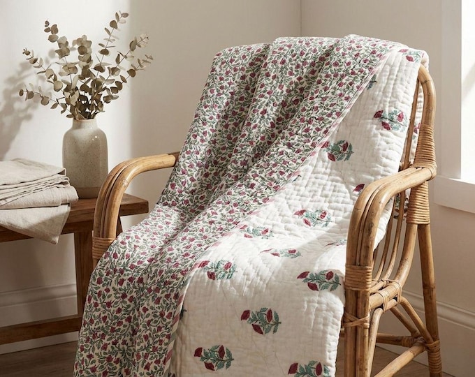 Handmade Kantha Quilt Reversible Floral Cotton Blanket, Block Print Bedspread, Cottagecore Bedding, Indian Quilt, Lightweight Throw