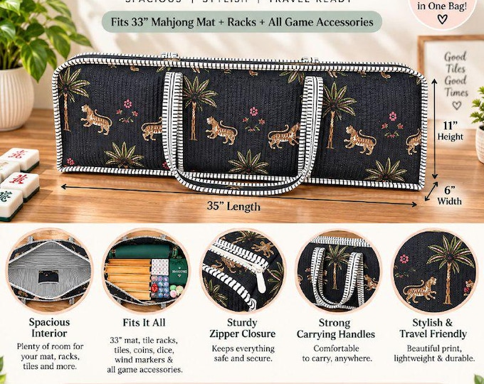 Mahjong Mat Bag, Quilted Mahjong Carrying Case Fits 33 Inch Mat & Racks, Black Tiger Print Mah Jongg Tote, Travel Mahjong Gift for Her