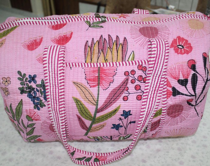 Boho Pink Quilted Cotton Bag | Floral Weekender Bag | Handmade Duffel | Cottagecore Style