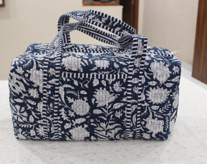 Indigo Floral Quilted Duffle Set | Handmade Cotton Bags Travel Bag