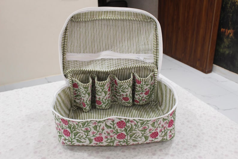 May include: Open, white cosmetic bag with a floral print. The bag has a white zipper and a striped interior. The interior has four small pockets with a floral design. The exterior has a floral pattern with pink flowers and green leaves.