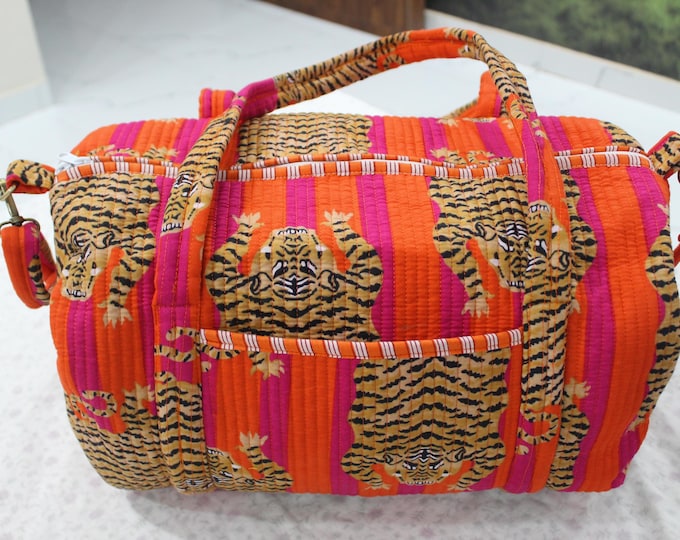Handmade Quilted Cotton Travel Duffel  | Tiger Print Boho Weekender Bag | Overnight Bag