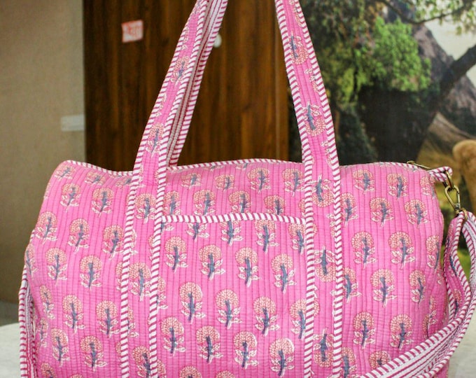 Handmade Pink Cotton Quilted Duffle Bag: Block Print Weekender