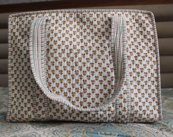 Handmade Quilted Floral Tote Bag, Cotton Block Print Tote, Aesthetic Everyday Shoulder Bag, Reusable Shopping Bag, Gift for Her