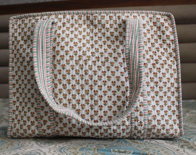 Handmade Quilted Floral Tote Bag, Cotton Block Print Tote, Aesthetic Everyday Shoulder Bag, Reusable Shopping Bag, Gift for Her