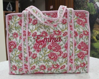 Personalized mahjong Tote Bag | Floral Quilted Cotton Shopper | Custom embroidered Bridal Party Gifts | Wedding Gift for Her