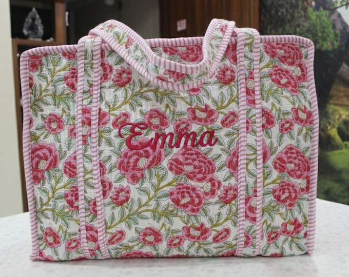 Personalized mahjong Tote Bag | Floral Quilted Cotton Shopper | Custom embroidered Bridal Party Gifts | Wedding Gift for Her
