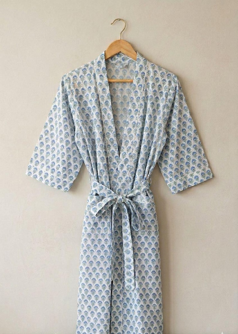 Cute Patterned Robe Blue Floral Cotton Kimono Robe, Indian Block Print Bathrobe ...