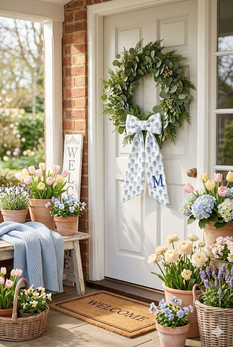 K&ouml;nnte beinhalten: Ein gr&uuml;ner Kranz mit einer blau-wei&szlig;en, floral gemusterten Schleife mit dem Buchstaben M, der an einer wei&szlig;en T&uuml;r h&auml;ngt. Ein Holzschild tr&auml;gt die Aufschrift WELCOME, ebenso wie eine braune Fu&szlig;matte. T&ouml;pfe mit Tulpen, Hortensien und Lavendel.