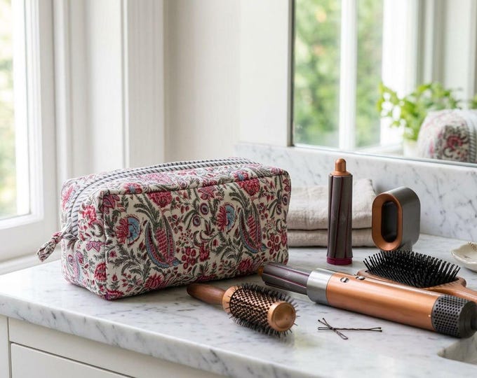 Personalized Dyson Airwrap Travel Case, Custom Name Quilted Hair Tool Organizer, Block Print Cotton Storage Bag, Dyson Accessories Gift