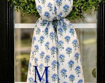 Personalized Blue Floral Wreath Sash, Custom Monogram Door Wreath Bow, Front Door Decor, Spring Summer Wreath Ribbon, Housewarming Gift