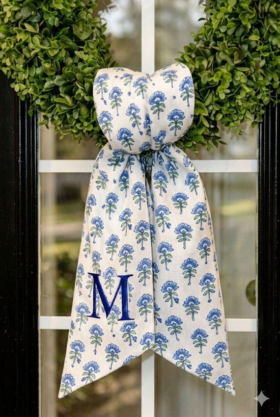 Personalized Blue Floral Wreath Sash, Custom Monogram Door Wreath Bow, Front Door Decor, Spring Summer Wreath Ribbon, Housewarming Gift