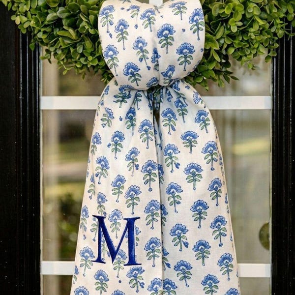 Personalized Blue Floral Wreath Sash, Custom Monogram Door Wreath Bow, Front Door Decor, Spring Summer Wreath Ribbon, Housewarming Gift