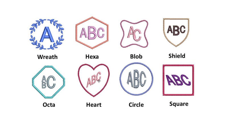 K&ouml;nnte beinhalten: Acht gestickte Monogramm-Designs in verschiedenen Formen, darunter ein Kranz, ein Sechseck, eine unregelm&auml;&szlig;ige Form, ein Schild, ein Achteck, ein Herz, ein Kreis und ein Quadrat. Jedes Design enth&auml;lt Buchstaben wie A, ABC oder AC in verschiedenen Farben.
