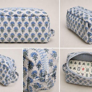 Blue floral quilted mahjong tile storage bag with striped zipper trim and padded cotton design, shown in multiple product views including close-up details and spacious interior holding American mahjong tiles.