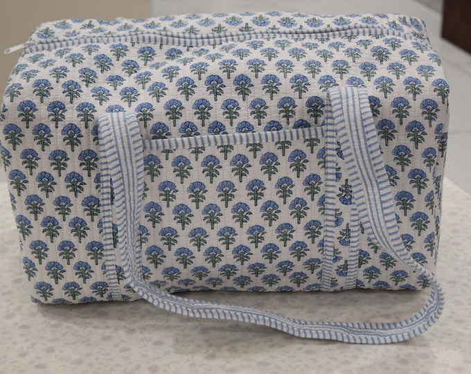 Block Print Cotton Travel Bag – Quilted Floral Duffle, Handmade Weekend Bag