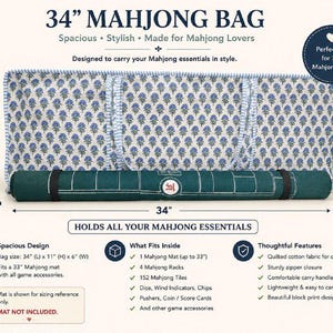 May include: A rectangular 34-inch by 11-inch by 6-inch mahjong bag featuring a blue and white floral block print pattern with striped handles. The bag is displayed with a rolled dark green mahjong mat in front for size reference.