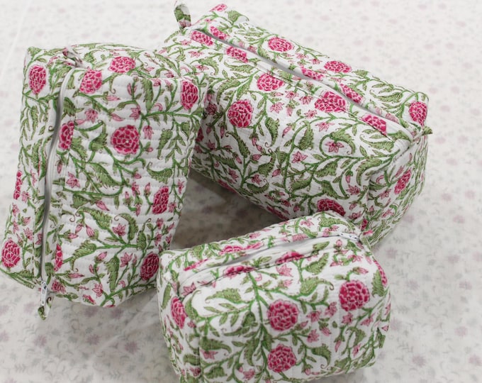Pink Floral Quilted Cosmetic Bag Set | Handmade Cotton Toiletry Pouch | Travel Organizer Gift