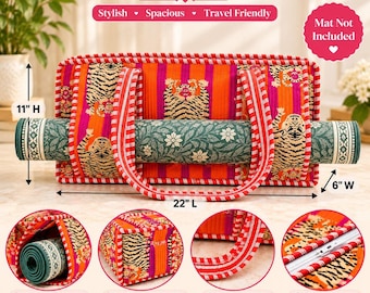 May include: A rectangular Mahjong Mat Bag featuring a tiger print on orange and pink stripes with red and white striped handles. The bag measures 22 inches long, 11 inches high, and 6 inches wide, with a secure zipper closure.