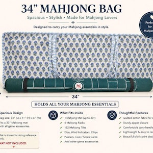 May include: A rectangular 86.36 cm by 27.94 cm by 15.24 cm mahjong bag featuring a blue and white floral block print pattern with striped handles. The bag is displayed with a rolled dark green mahjong mat in front for size reference.